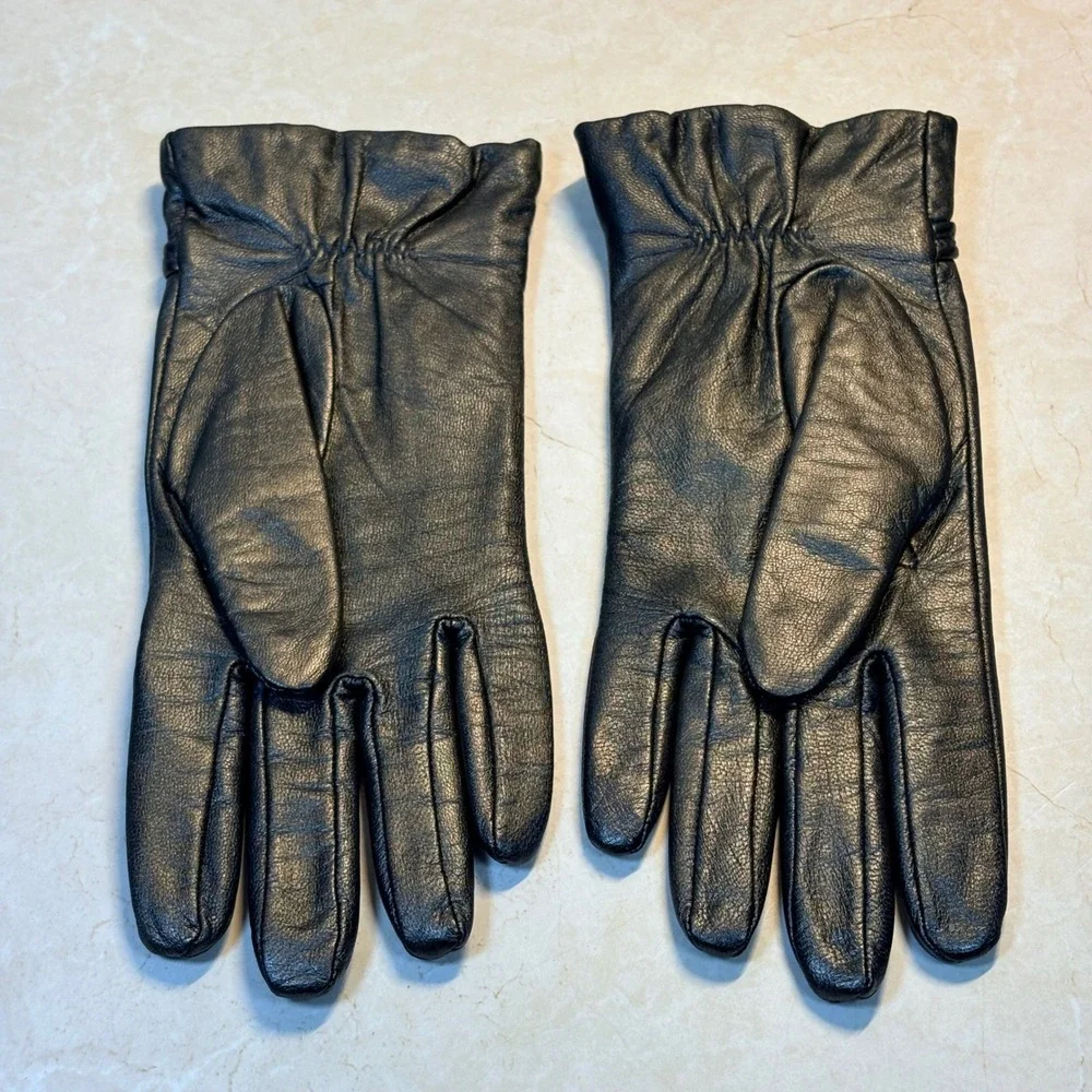 Women's Gold Genuine Leather Gloves Knotted Wrist Detail Size 8 Winter‎ Lined